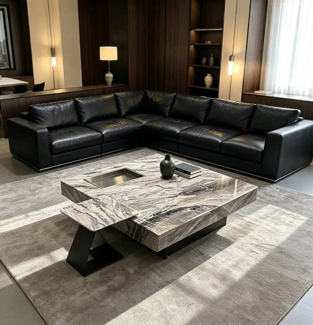 Modern Luxury Marble Coffee Table with Integrated Side Extension & Tray