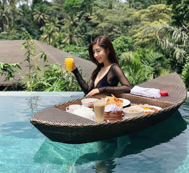DecorMama Luxury Wicker Boat-Shaped Floating Tray and Pool Basin – room setting