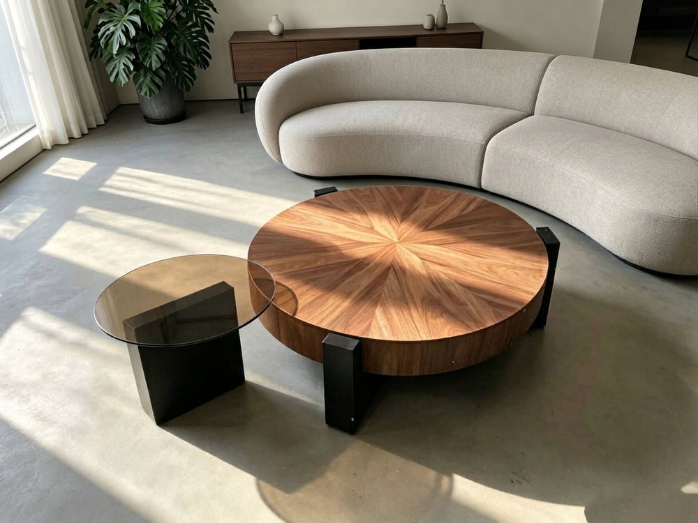 Modern Round Wooden Coffee Table with Tinted Glass Side Table Set