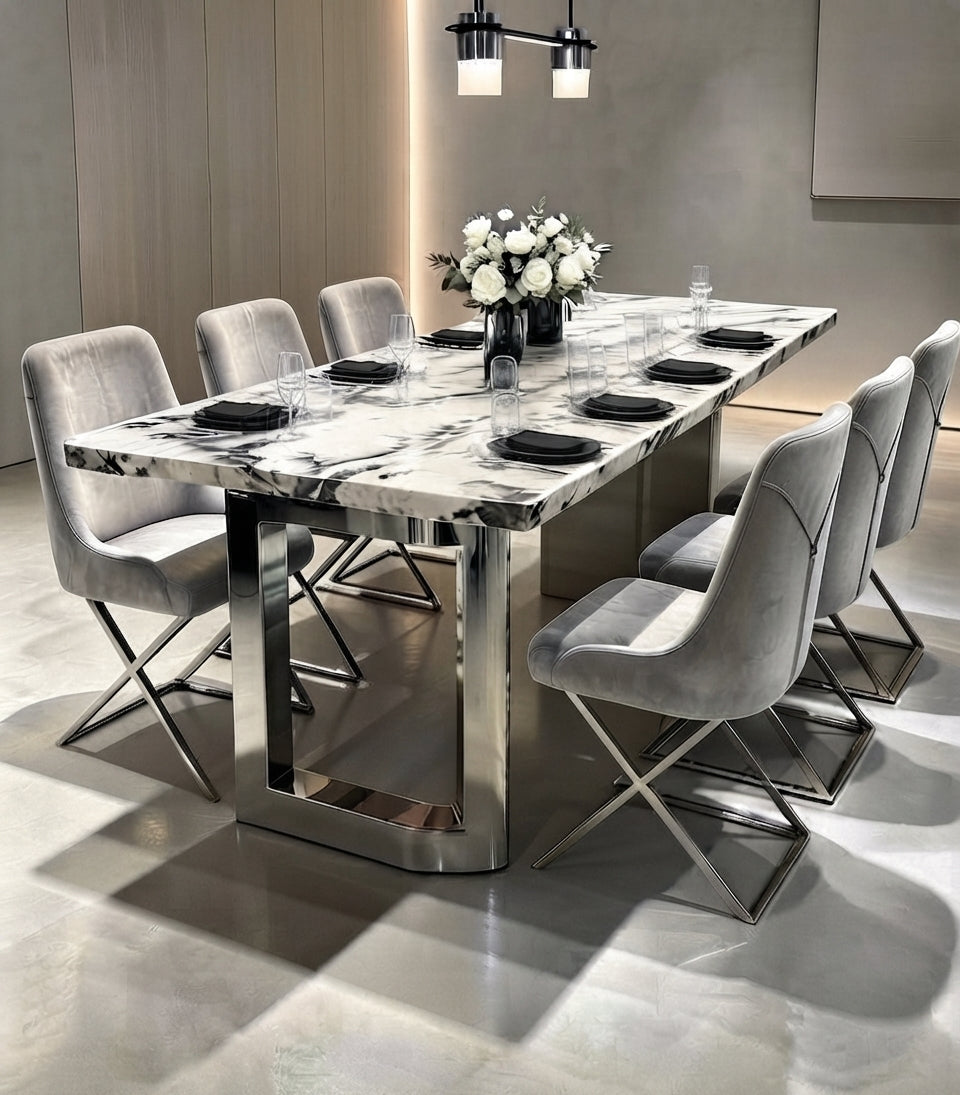 DecorMama® Modern Luxury 6-Seater Marble Dining Table Set with Velvet Chairs