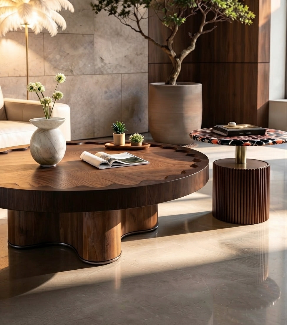 Modern Round Nesting Coffee Table Set with Fluted Wood Base