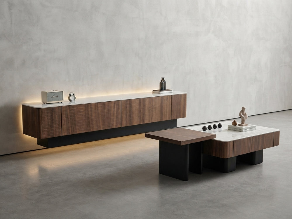 Modern Marble and Wood Living Room Furniture Set with Media Console and Nesting Coffee Tables