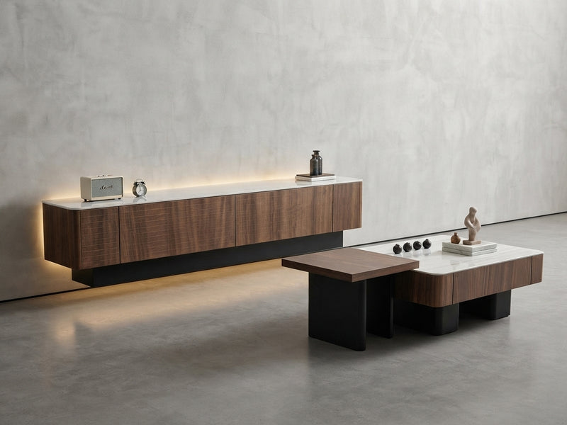 Modern Marble and Wood Living Room Furniture Set with Media Console and Nesting Coffee Tables