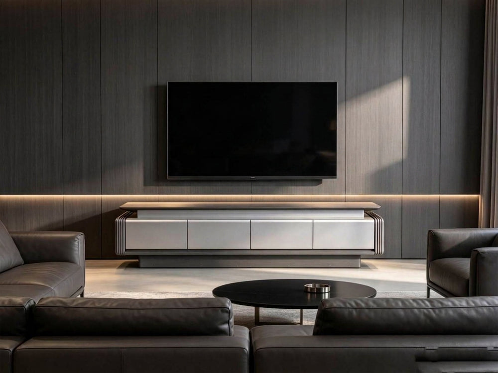 Modern Fluted Wood TV Media Console with Light Accent Drawers