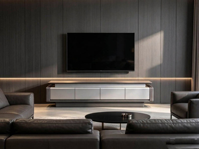 DecorMama Fluted Wood TV Console – Light Accent Drawers – room setting