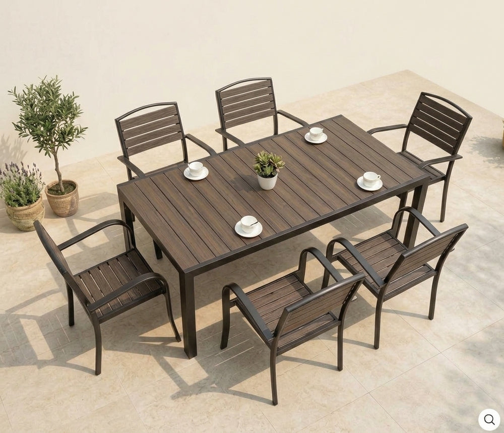 DecorMama® Modern 7-Piece Outdoor Dining Set – Wood-Slat Table with 6 Metal Armchairs