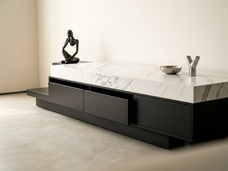 DecorMama White Marble TV Console – Extended Side Shelf – room setting