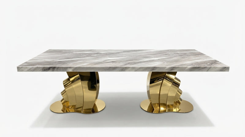 DecorMama Luxe Grey Marble Dining Table – Twin Sculpted Gold Pedestals – main front view on white