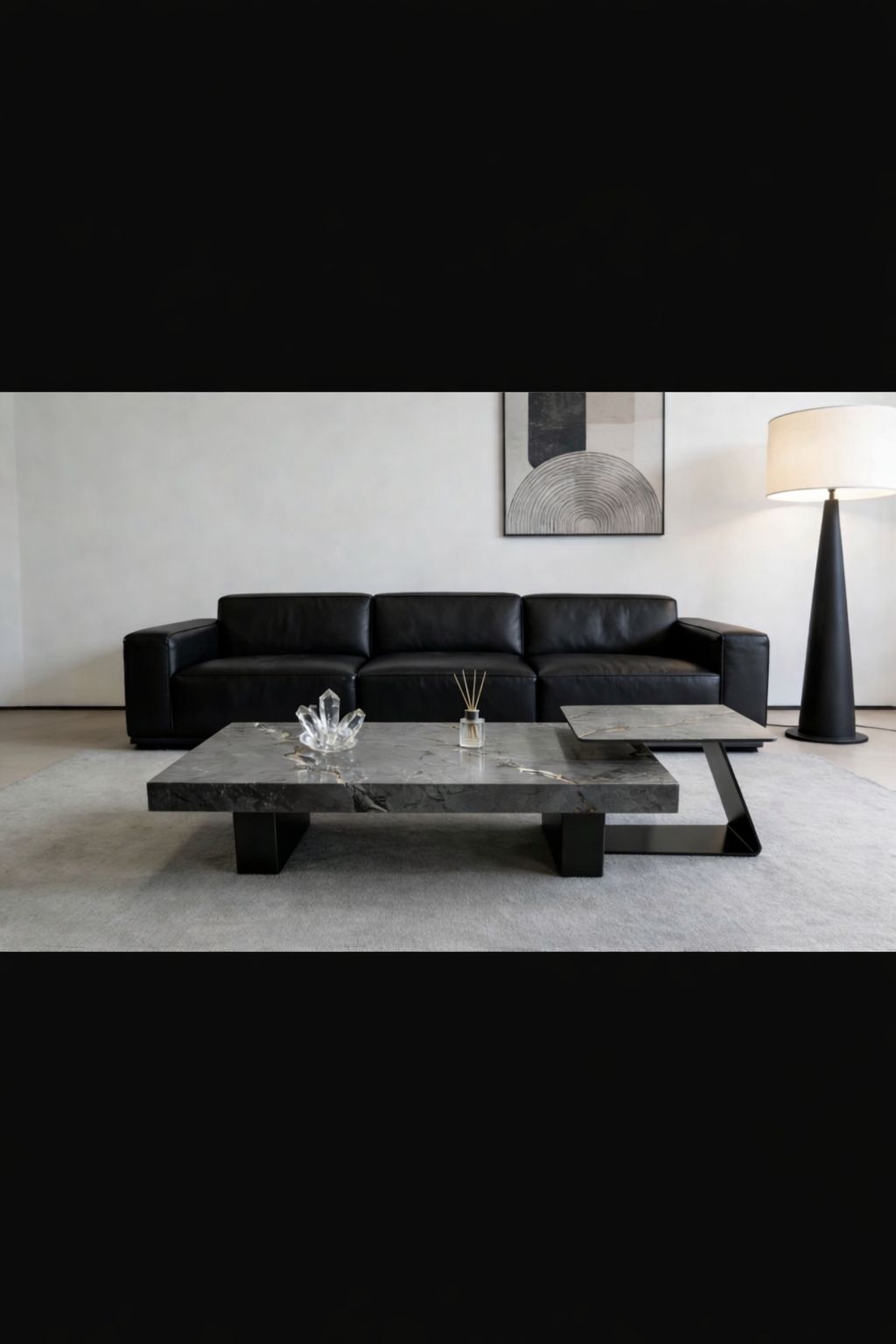 Luxury Marble Coffee Table Set – Modern 2 Piece Nesting Tables – Black & Grey Stone Finish – Contemporary Living Room Centre Table