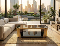 DecorMama Modern Luxury Gold Frame Oval Black Glass Coffee Table – room setting