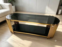 DecorMama Modern Luxury Gold Frame Oval Black Glass Coffee Table – room setting