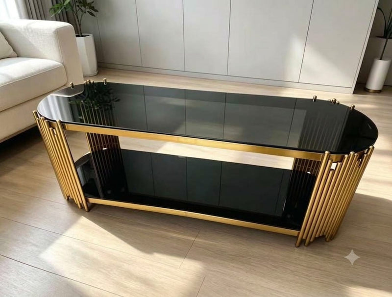 DecorMama Modern Luxury Gold Frame Oval Black Glass Coffee Table – room setting