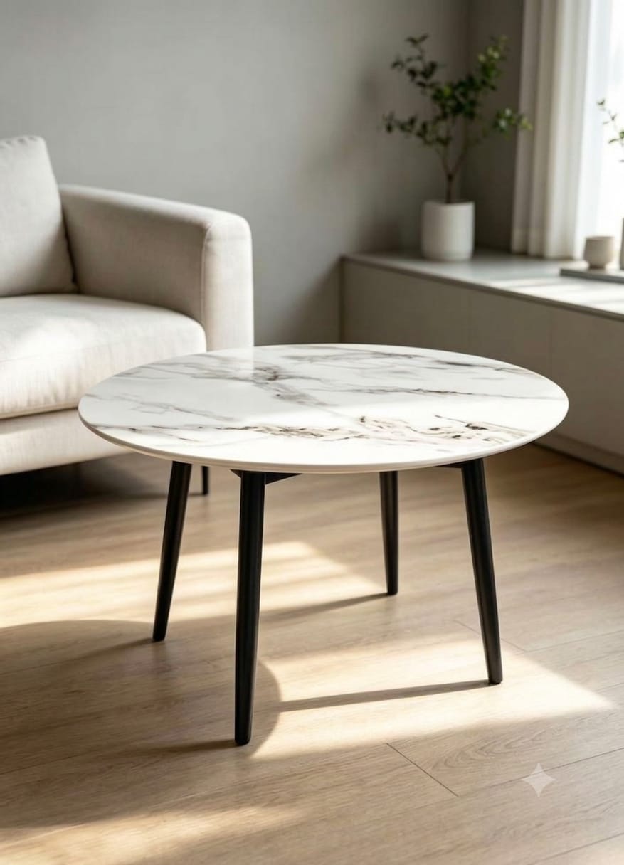 DecorMama Modern Marble-Top Round Coffee Table with Black Legs – room setting
