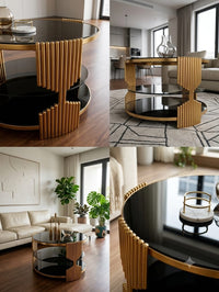 DecorMama Modern Luxury Gold Frame Round Black Glass Coffee Table – room setting