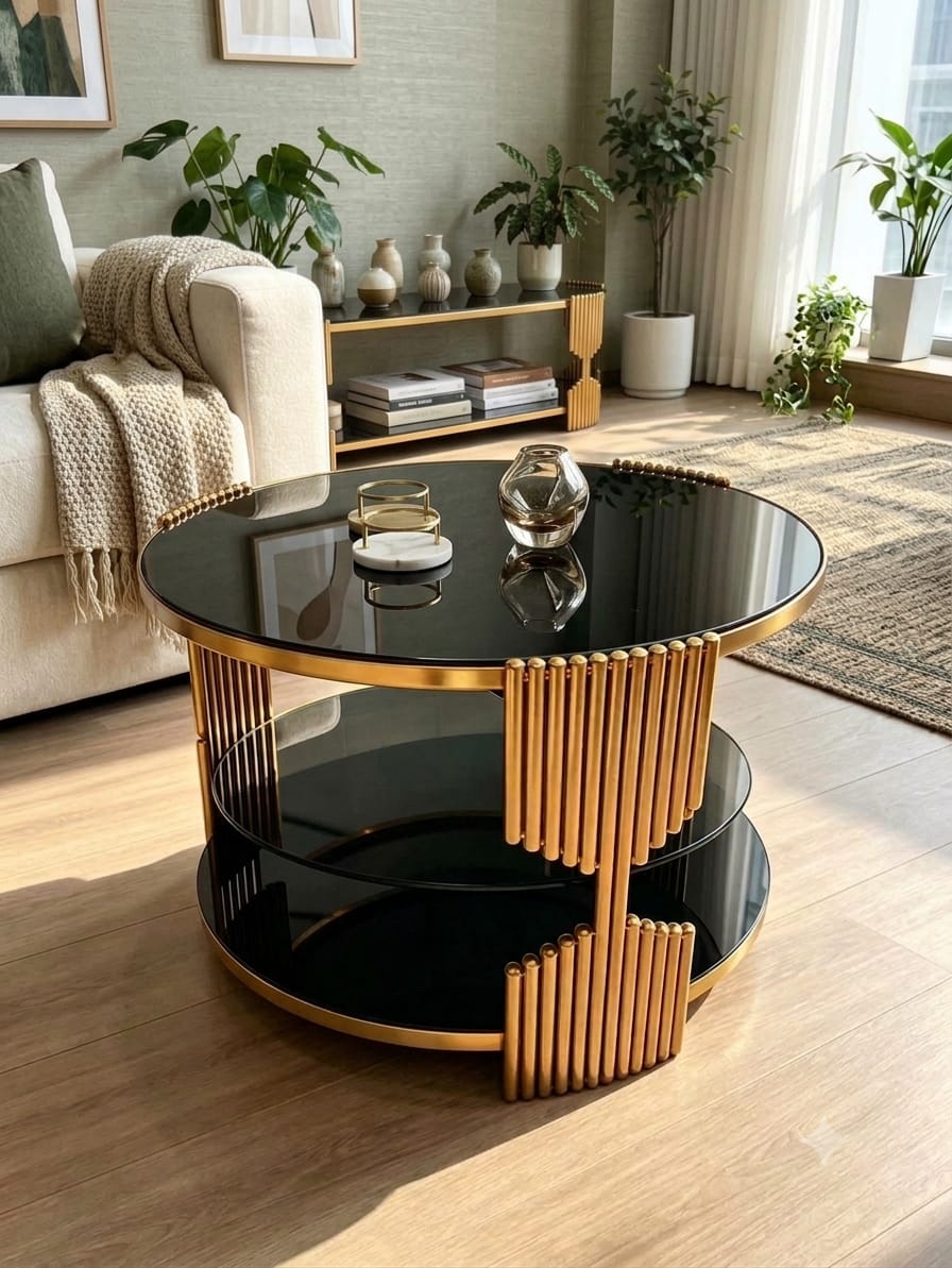 DecorMama Modern Luxury Gold Frame Round Black Glass Coffee Table – room setting