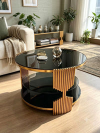 DecorMama Modern Luxury Gold Frame Round Black Glass Coffee Table – room setting