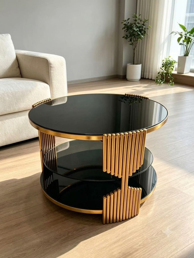 DecorMama Modern Luxury Gold Frame Round Black Glass Coffee Table – room setting