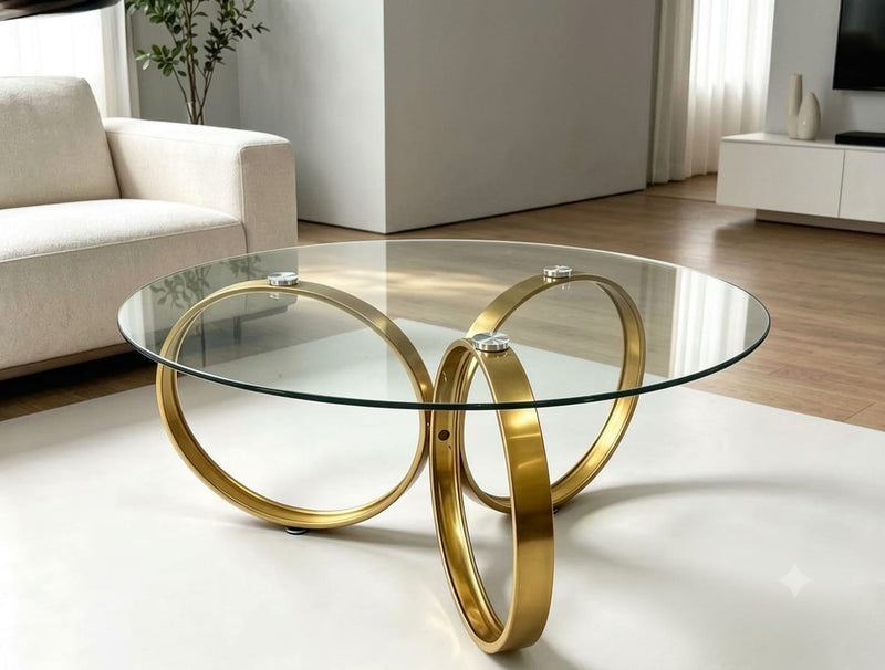 DecorMama Modern Luxury Gold Ring Base Round Glass Coffee Table – room setting