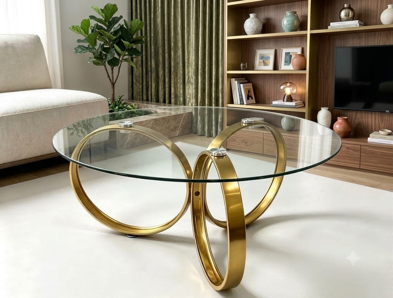 DecorMama Modern Luxury Gold Ring Base Round Glass Coffee Table – room setting