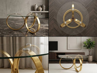 DecorMama Modern Luxury Gold Ring Base Round Glass Coffee Table – room setting