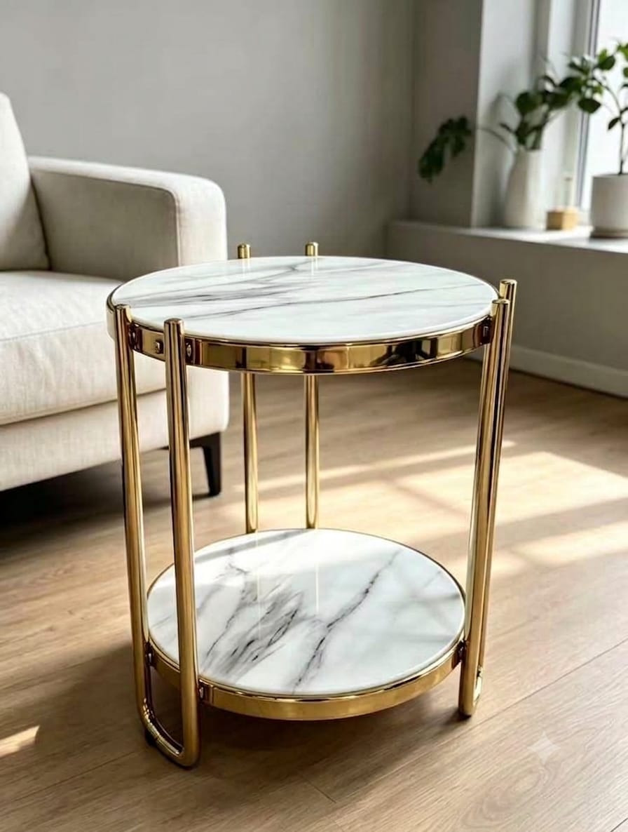 DecorMama Gold Frame Round Marble Side Table – room setting