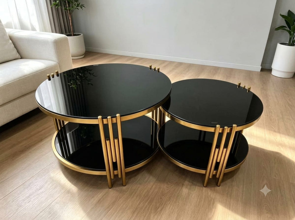 DecorMama Gold Frame Round Nesting Coffee Table Set (2-Piece) – room setting