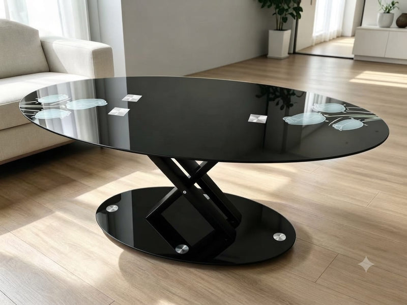 DecorMama Modern Oval Black Tempered Glass Lift-Top Coffee Table – room setting