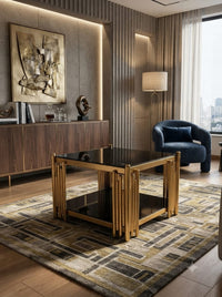 DecorMama Gold Frame Square Glass Nesting Coffee Table – room setting