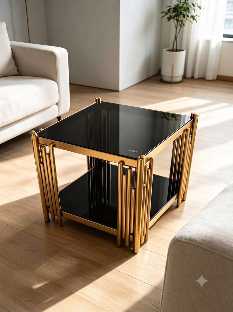 DecorMama Gold Frame Square Glass Nesting Coffee Table – room setting