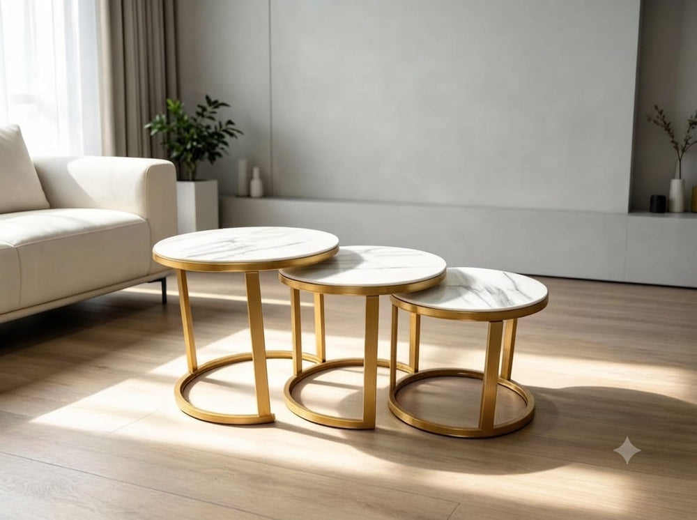 DecorMama 3-Piece Round Nesting Coffee Table Set – Marble & Gold – room setting