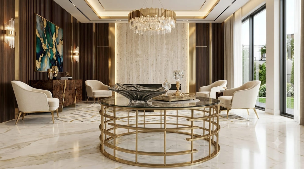 DecorMama Round Cage-Frame Glass Coffee Table – Gold – room setting
