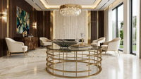 DecorMama Round Cage-Frame Glass Coffee Table – Gold – room setting
