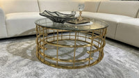 DecorMama Round Cage-Frame Glass Coffee Table – Gold – room setting