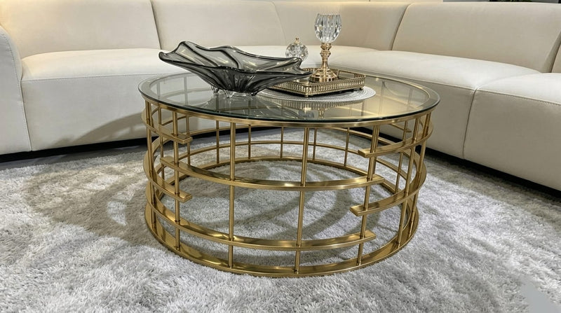 DecorMama Round Cage-Frame Glass Coffee Table – Gold – room setting