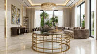DecorMama Round Cage-Frame Glass Coffee Table – Gold – room setting