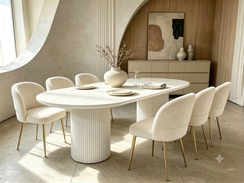 DecorMama White Oval Dining Table with Fluted Pedestal Base – room setting