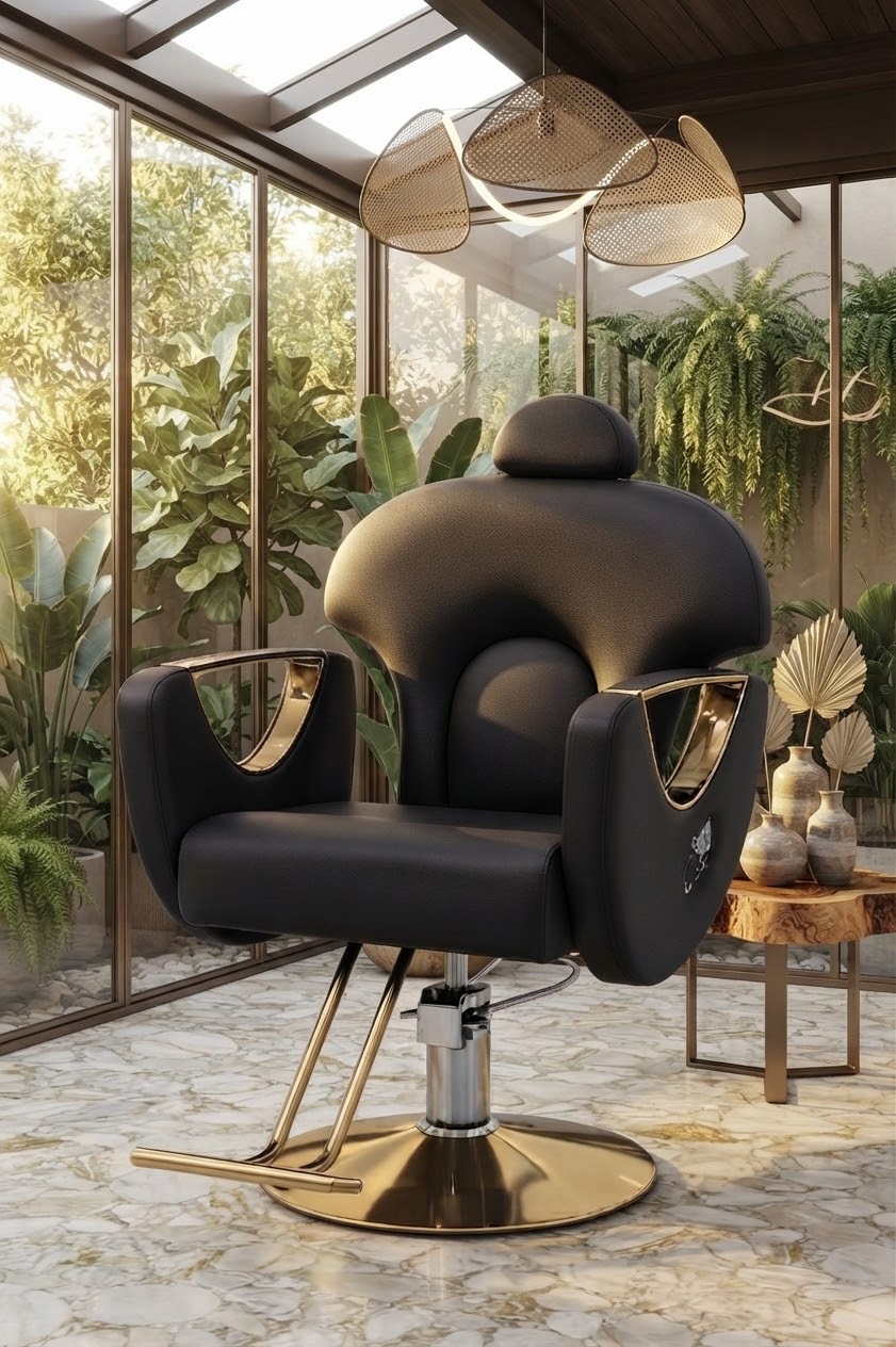 DecorMama Modern Black Leather Salon Styling Chair with Gold Base – room setting