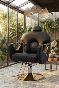 DecorMama Modern Black Leather Salon Styling Chair with Gold Base – room setting