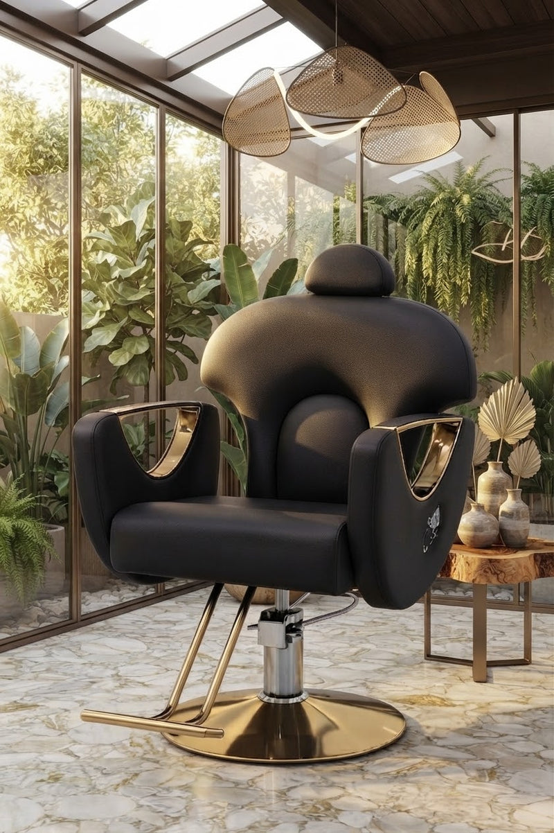 DecorMama Modern Black Leather Salon Styling Chair with Gold Base – room setting