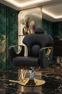 DecorMama Modern Black Leather Salon Styling Chair with Gold Base – room setting