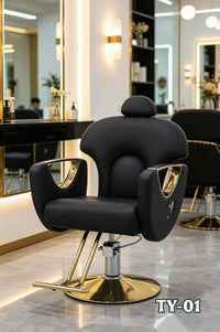 DecorMama Modern Black Leather Salon Styling Chair with Gold Base – room setting