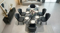 DecorMama 7-Piece Black Marble Dining Set – Scalloped Chairs – room setting