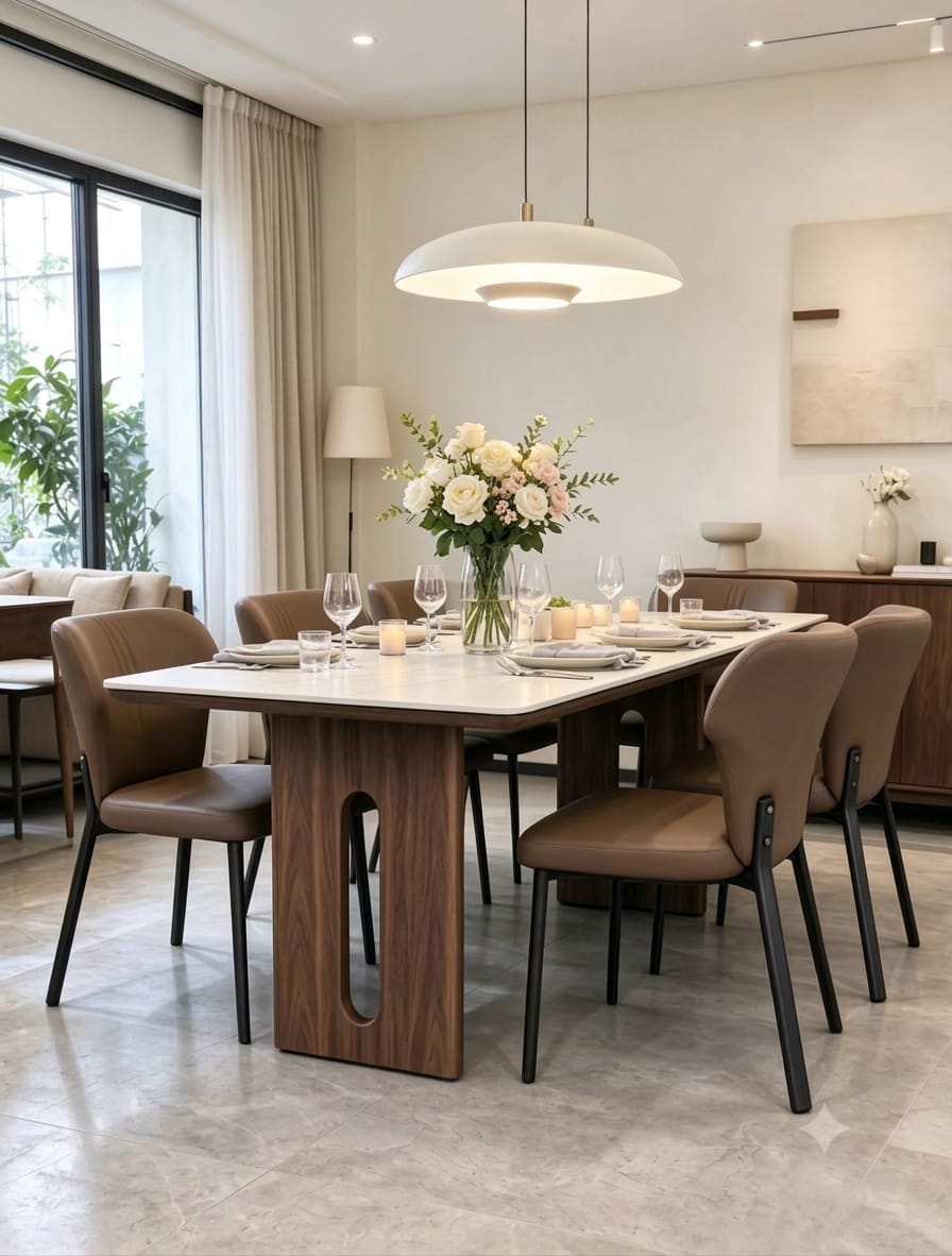 DecorMama Modern Walnut Dining Table with Chairs – room setting