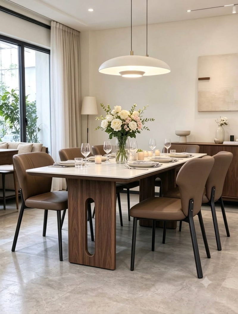 DecorMama Modern Walnut Dining Table with Chairs – room setting