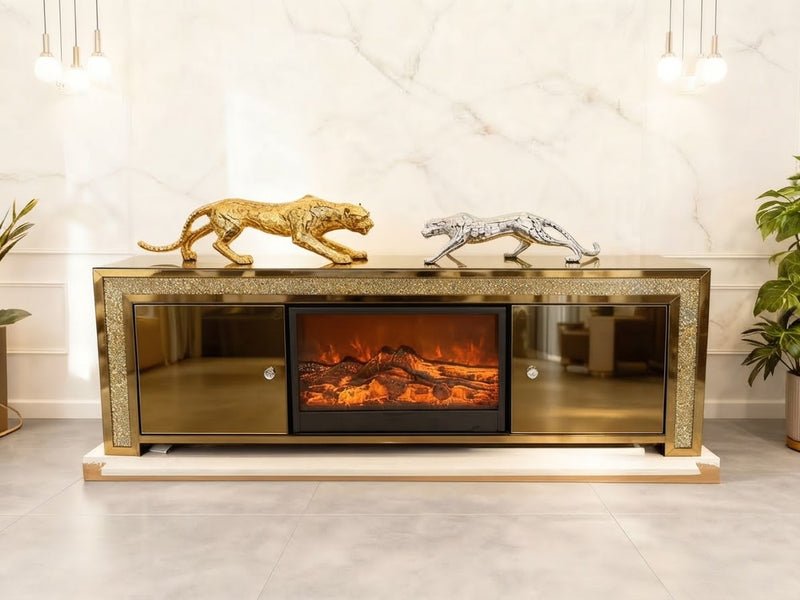 DecorMama Mirrored TV Unit with Built-In Electric Fireplace – room setting