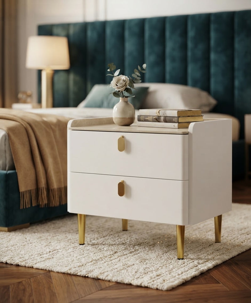 DecorMama Modern White Bedside Table with Gold Legs – room setting