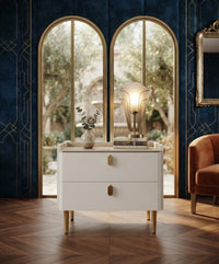 DecorMama Modern White Bedside Table with Gold Legs – room setting