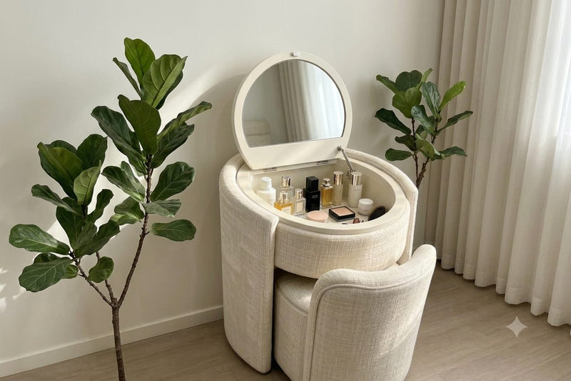 DecorMama Round Vanity & Stool Set – Flip-Top Mirror – Cream – room setting