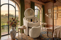 DecorMama Round Vanity & Stool Set – Flip-Top Mirror – Cream – room setting