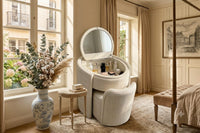 DecorMama Round Vanity & Stool Set – Flip-Top Mirror – Cream – room setting